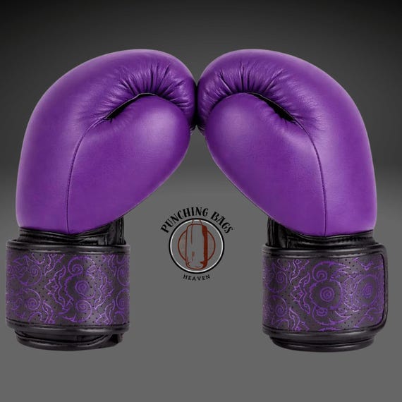 Purple Boxing Gloves, Custom Embossed Cuffs, Professional Boxing Style, Stylish Fight Gear, Unique Boxing Gloves