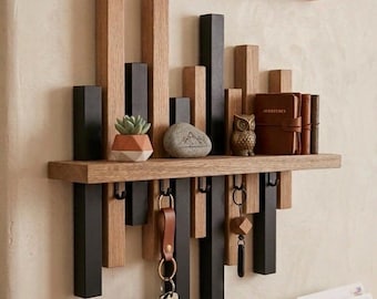 Oak and black wood entryway wall shelf, designer wall-mounted key holder
