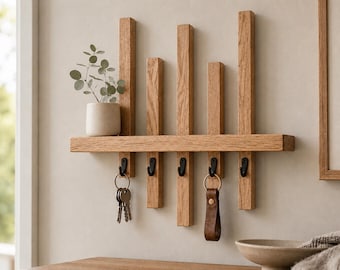 Oak wood wall-mounted key holder with black hooks – designer wooden wall shelf