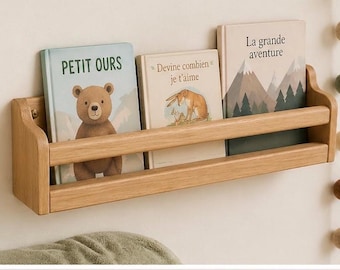 Children's wall-mounted bookcase in solid oak – French handcrafted bookcase