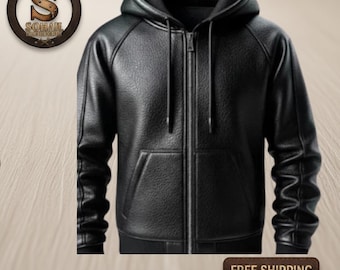 Men's Genuine Leather Hoodie Jacket Black Zip Up Hooded Bomber Winter Warm