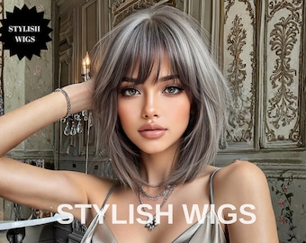 Kurze graue Bob Perücke mit Pony, silber aschfarbenes synthetisches Haar, natürlicher Look, hitzebeständig, Alltagsstil