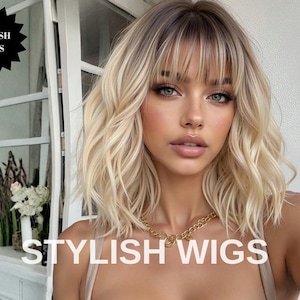 Blonde Balayage Bob Wig, Wispy Bangs, Heat-Resistant Synthetic Hair