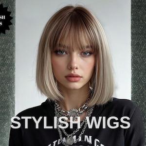 Ash Blonde Ombre Bob Wig with Bangs, Heat-Safe Synthetic Hair