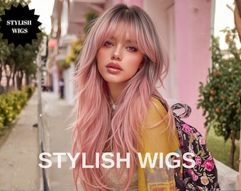 Peruca rosa ombré, cabelo sintético longo em camadas resistente ao calor.