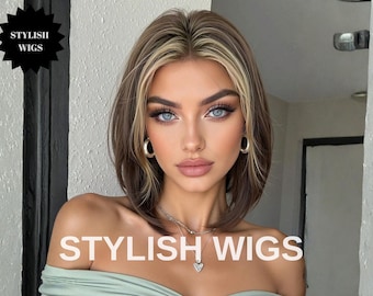Bruine bobpruik, blonde highlights, gelaagd synthetisch haar
