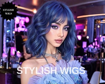 Short Wavy Midnight Blue Wig with Bangs, Synthetic Hair