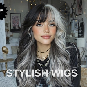 May include: A woman with long, wavy hair, styled with a black and white split color design. The hair is styled with bangs. The text "STYLISH WIGS" is displayed at the bottom of the image, with the words "STYLISH WIGS" also displayed in a black starburst.