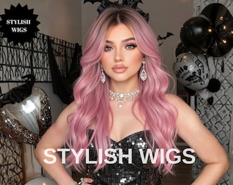 Peruca longa rosa ondulada, cabelo sintético resistente ao calor, peruca para cosplay