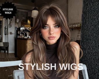 Long Layered Brown Wig with Curtain Bangs, Heat Resistant Synthetic Hair