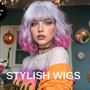 New wig Pink Purple ombre bob wave beach bangs long shoulder short neon Purple Pink Splash Dark Root Ombre Side Part Wavy Bob Wig  main image 2