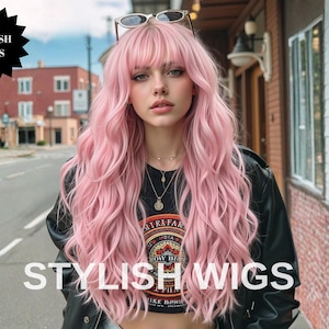 May include: A woman with long, wavy, pink hair and bangs. She wears a black jacket and a black top with a graphic design. Sunglasses rest on her head. The text "STYLISH WIGS" is displayed.