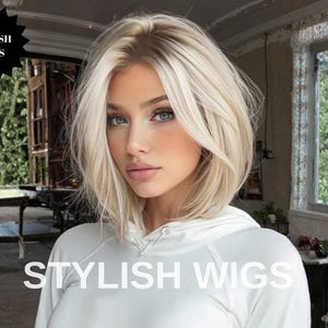 Könnte beinhalten: Eine Frau mit blondem, schulterlangem Haar und blauen Augen. Sie trägt ein weißes Oberteil. Das Bild enthält den Text "Stylish Wigs" in einem schwarzen Stern und am unteren Bildrand.