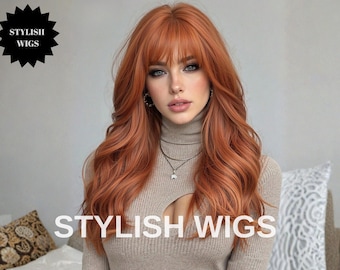 May include: A woman with long, wavy auburn hair and bangs, wearing a beige turtleneck sweater. The image includes the text "STYLISH WIGS" and a black starburst logo. The woman is wearing a necklace and earrings.