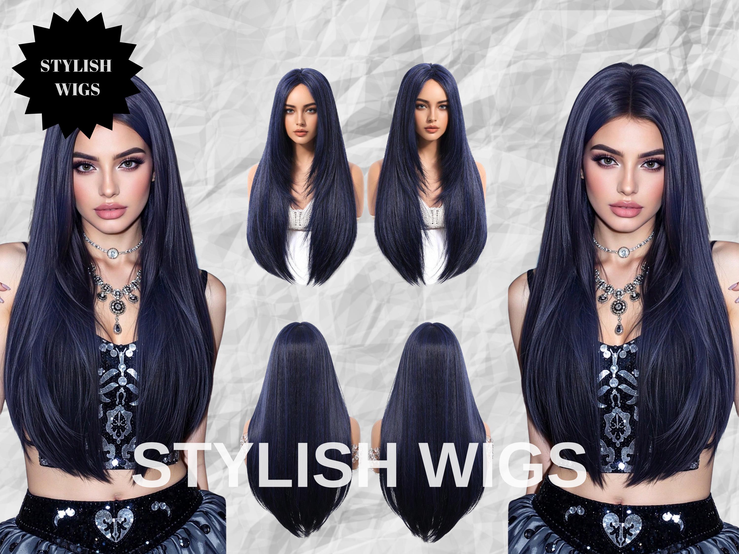 Long Navy Blue Wig, Straight Synthetic Hair, Gothic Cosplay 