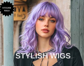 Lavender Wavy Wig with Bangs, Heat Resistant Synthetic Hair