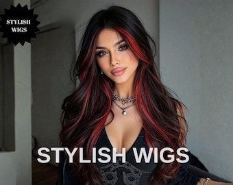 Peluca negra larga y ondulada con reflejos rojos para cosplay.