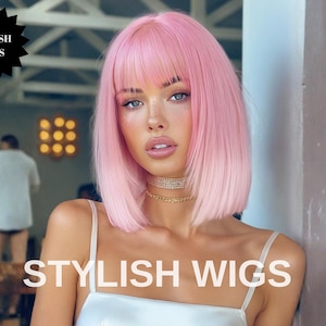 Babyroze bob-pruik met pony | Hittebestendig synthetisch haar