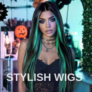 May include: A woman with long, dark hair with bright green streaks. She wears a black lace top and layered silver necklaces. The image has the text "STYLISH WIGS" at the bottom and a logo that says "STYLISH WIGS".