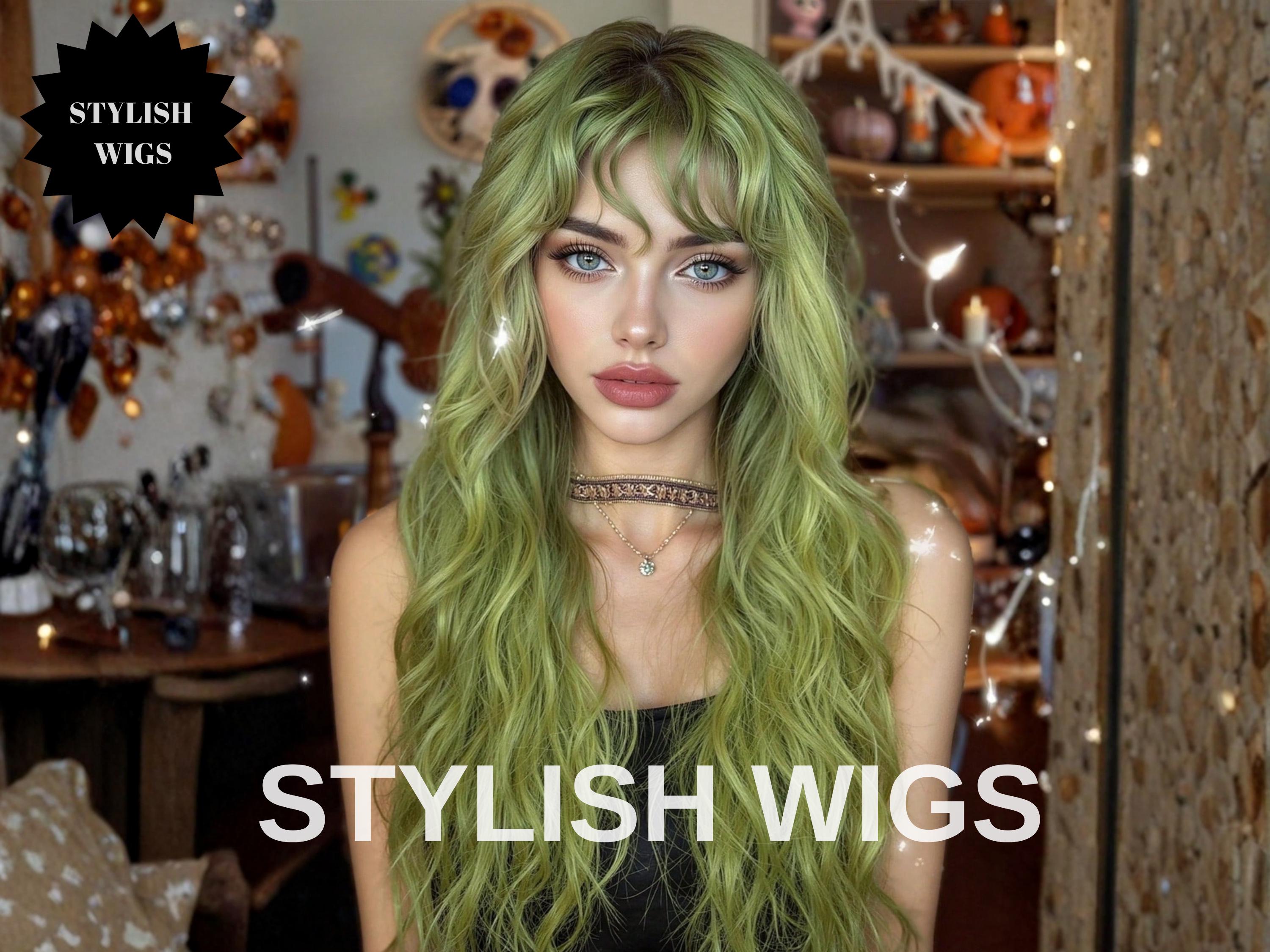 ANOGOL Long Green Cosplay Wig 4PCS Set (1 Hair Cap 2 Black Ribbons 1 Wig) With 2 Wavy Ponytails Green Costume Wig Synthetic Hair For Christmas Halloween Dress Up Party