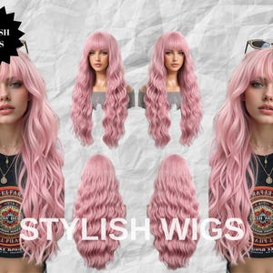 Puede incluir: Imagen promocional de pelucas rosas onduladas con flequillo. Las pelucas se muestran en maniqu&iacute;es y modelos. El texto "STYLISH WIGS" es visible en la imagen.