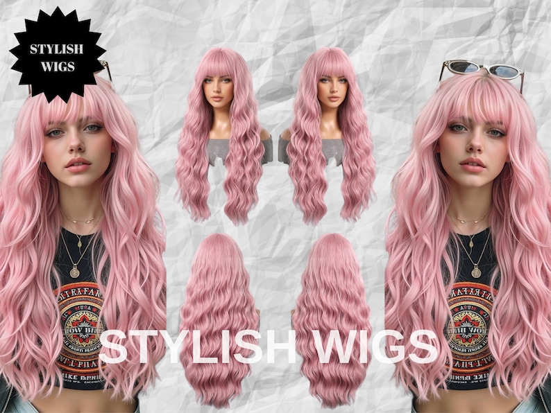 Puede incluir: Imagen promocional de pelucas rosas onduladas con flequillo. Las pelucas se muestran en maniqu&iacute;es y modelos. El texto "STYLISH WIGS" es visible en la imagen.