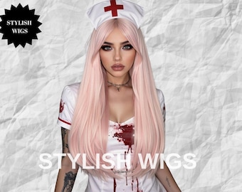 Long Straight Pink Wig, Heat Resistant, Cosplay Costume Wig