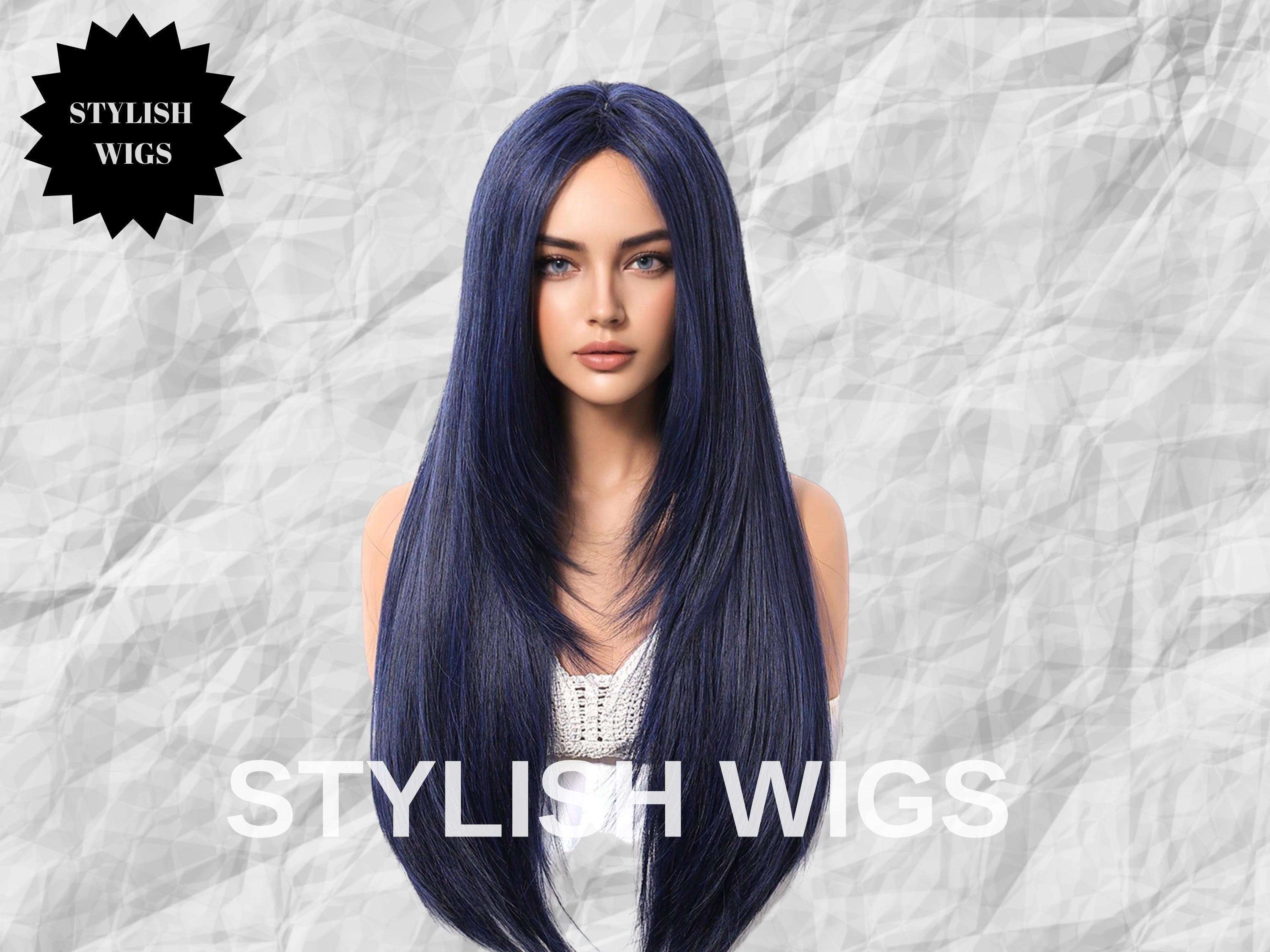 Long Navy Blue Wig, Straight Synthetic Hair, Gothic Cosplay  display picture 1
