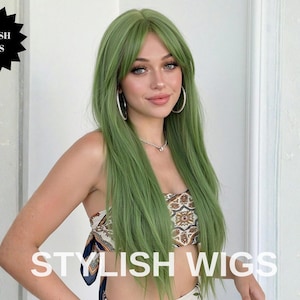 Peluca larga verde en capas – Aspecto natural para cosplay y uso diario.