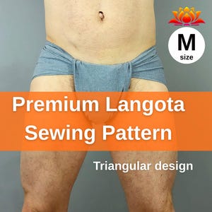 May include: A gray langota, a traditional Indian undergarment, with a triangular design. The image includes the text "Premium Langota Sewing Pattern" and "Triangular design". A white circle with the letter "M" indicates the size.