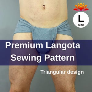 Pode incluir: Um langota cinza com um design triangular. A imagem inclui o texto "Premium Langota Sewing Pattern" e "Triangular design". Um círculo branco com a letra "L" e a palavra "size" está no canto superior direito.