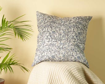 Funda de almohada de lino estampada a mano, con diseño de enredadera floral azul y beige