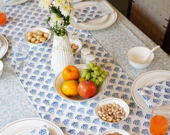 Vintage Blue Jaal Block Print Table Linen Set | Cotton Table Runner & 6 Napkins with Buta Tablecloth | Farmhouse Decor