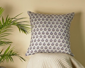 Hand Block Printed Linen Pillow Cover - Floral Accent