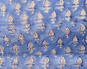 Tela de lino estampada a mano, patrón azul, transpirable