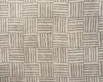 Handblock Printed Linen Fabric, Beige Geometric Grid, Soft Finish