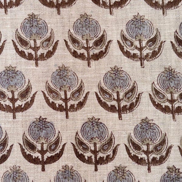 Hand Block Printed Linen Fabric, Beige Brown Lotus Motif