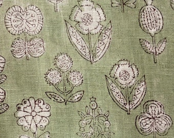 Sage Green Floral Linen Fabric, Hand Block Printed