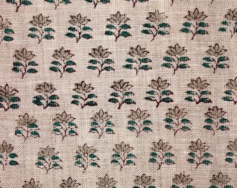 Rehaa Block Printed Linen Fabric | Beige Floral Motif | Sewing, Upholstery & Home Decor Fabric