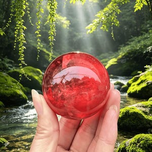 Op de afbeelding: Een gladde, doorschijnende rode bol gemaakt van glas of kristal. Het object is perfect rond en reflecteert het omgevingslicht, met een diepe karmozijnrode tint over het gehele solide, gepolijste oppervlak voor een heldere uitstraling.