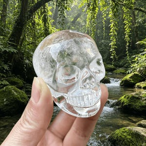 Op de afbeelding: Een menselijke schedel gesneden uit helder, transparant kwartskristal. Het object heeft een glad, gepolijst oppervlak met zichtbare interne breuklijnen en natuurlijke insluitingen, wat een gedetailleerde anatomische structuur laat zien.