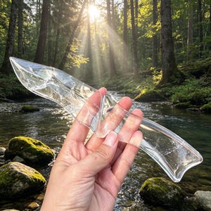 May include: A clear, transparent plastic cake server with a wide, curved handle and a pointed blade. The server is held in front of a natural background of a river and trees.