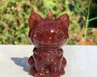 Natural Strawberry Quartz Pumpkin Cat Carving,Healing Crystal,Crystal Gift1PC.