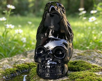 Natural Black Obsidian Raven Skull Carving,Dark Style Desktop Decor ，Quartz Gifts 1PC