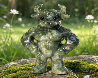 Natuurlijke groene jade sculptuur van een gespierde stier, MuscleBullFigurine, kwartsgeschenk 1 stuk