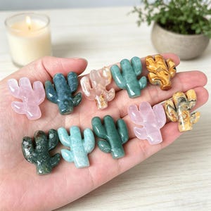 以下が含まれることがあります： ピンク、緑、茶色など、さまざまな色の彫刻された宝石のカクタスの置物のコレクション。置物は手で持たれており、詳細な形状と質感が示されています。背景には、ろうそくと小さな鉢植えがあります。