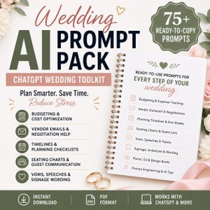 Könnte beinhalten: Ein Spiralnotizbuch mit dem Titel "Wedding AI Prompt Pack" und "ChatGPT Wedding Toolkit". Es enthält Anregungen für die Hochzeitsplanung, einschließlich Budgetierung, Kommunikation mit Anbietern und Zeitplänen. Das Bild zeigt auch zwei goldene Eheringe.