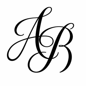 May include: A black graphic design featuring the uppercase letters A and B intertwined in a flowing, cursive script font. The letters are rendered in a solid black color against a plain white background, showcasing elegant, sweeping lines and curves.