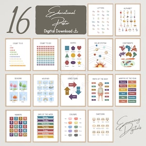 以下が含まれることがあります： 木製のフレームに入った、文字、数字、形、太陽系など、さまざまなテーマを扱った16枚の教育ポスターのコレクションです。ポスターには、カラフルなイラストとテキストが使用されています。「Educational Poster Digital Download」という文字が上部にあります。
