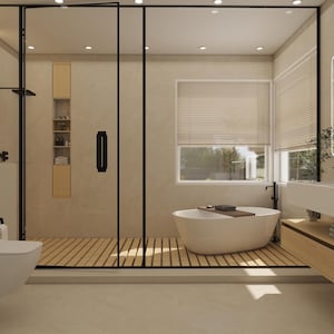 Puede incluir: Interior de baño moderno con diseño minimalista. Cuenta con una bañera blanca, una mampara de ducha de cristal y un mueble de lavabo flotante con doble lavabo. La habitación tiene paredes claras y detalles en madera, creando un ambiente de spa.